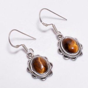 Pendientes de piedras preciosas de ojo de tigre de forma ovalada, venta al por mayor, joyería fina, pendientes de plata de ley 925, proveedores de pendientes hechos a mano - Product Image 1