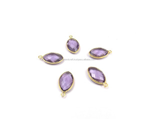 Connecteur pour pierre de naissance en forme de marquise en laiton plaqué or avec lunette à facettes en améthyste et quartz pour la fabrication de bijoux - Product Image 3