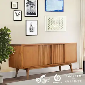 Gabinete de consola de madera de teca versátil con puertas correderas de listones y complementa la nueva colección Nave para muebles para el hogar - Product Image 1