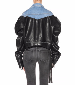 Veste contrastée en cuir denim Nouvelle veste en cuir à la mode 100% cuir véritable Panneau coupé et cousu Wash Denim - Product Image 3
