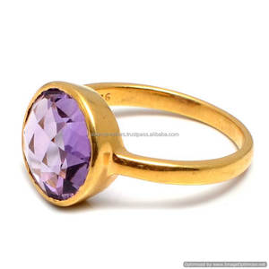 925 Sterling Silver Classic Bezel Setting <b>Ring</b> with <b>Amethyst</b> Quartz Gemstone Vermeil <b>Gold</b> for Wedding Party or Anniversary - Product Image 1