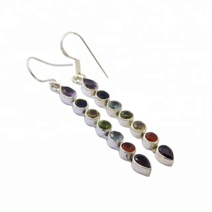 Solid 925 perak murni Amethyst Multi batu permata Chakra anting menjuntai gaya antik untuk pesta wanita mode perhiasan grosir - Product Image 1