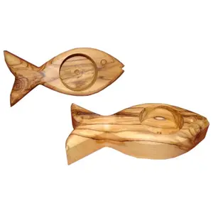 crafted olive wood fish shape candle holder