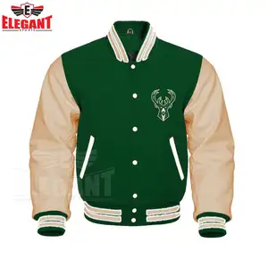 Oem Aangepaste Hoge Sport Team Bucks Groen Crème Gedrukt Varsity Jacket Borduurwerk Patches Bomber Jassen