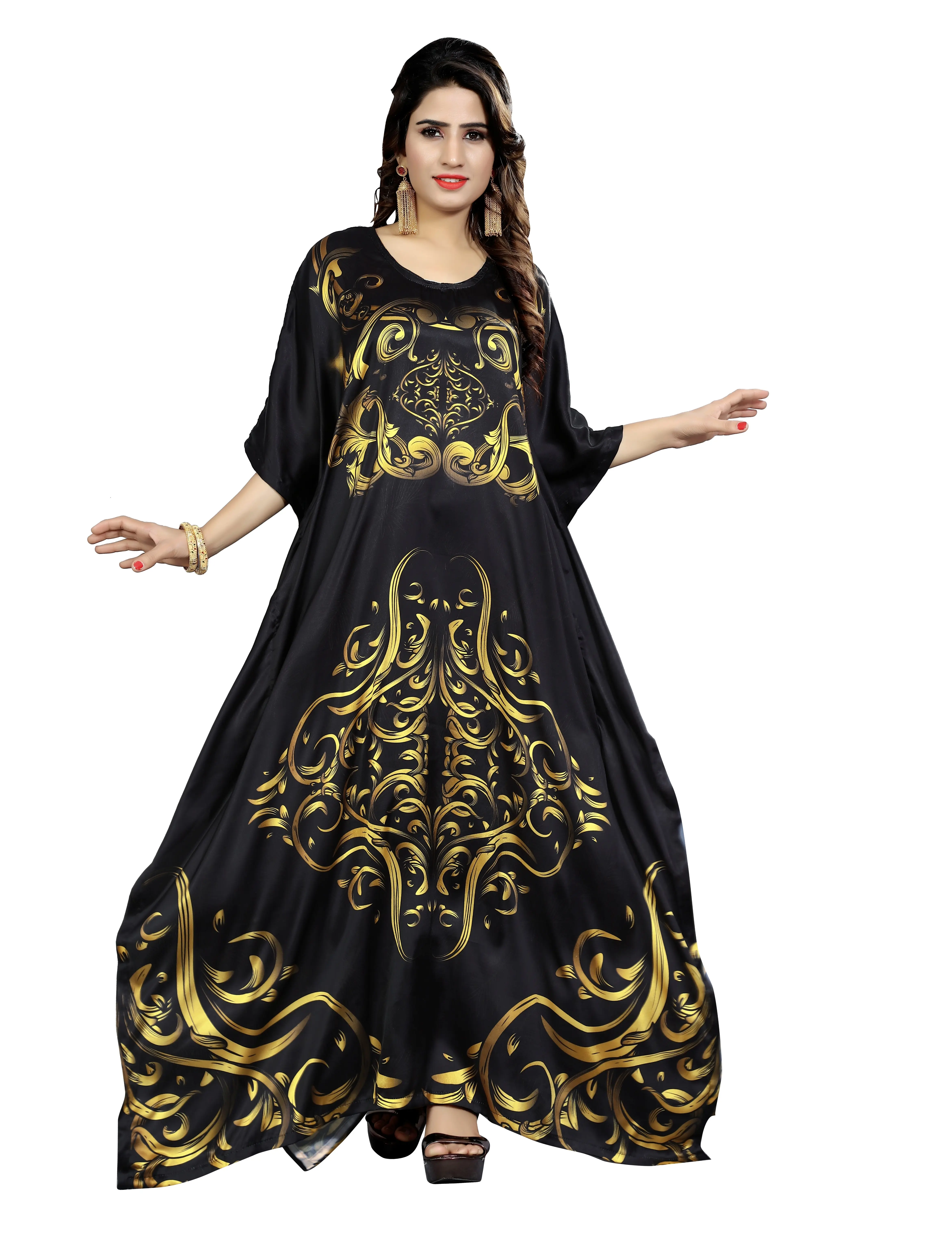 Black Color Digital Printed Free Size Satin Silk Long Kurta Kaftan For Women