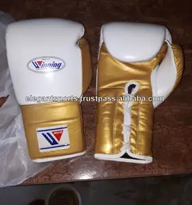 Metallic Golden Leather Lace Up Winnende Bokshandschoenen Professionele Kick Boxing Vechten Handschoenen