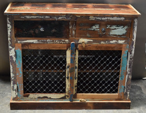 Mueble de Almacenamiento Estilo Étnico Indio Antiguo de Madera Reciclada con Puerta de Jali de Hierro para Cocina, Oficina, Sala de Estar, Aparador - Product Image 2