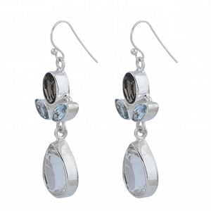 Véritable cristal de quartz bleu topaze pierre précieuse en argent sterling 925 massif Boucles d'oreilles pendantes à la mode Bijoux faits main - Product Image 2
