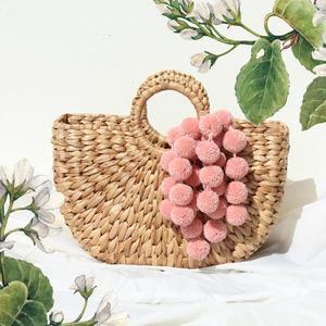 Bali Hand Woven <b>Straw</b> Tote Bag with Pompom Embroidery and Zipper Closure Natural Style <b>Crazy</b> Deal on Sale! - Product Image 2