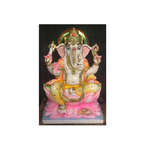 Estatua de Mármol Pulido y Brillante de la Mejor Calidad de la India, Colorida, del Señor Shree Ganesh Ji Sentado sobre una Flor de Loto con Ratón, para Compradores - Product Image 1