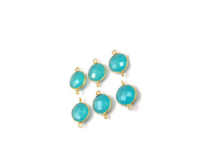 Bleu Aqua calcédoine pierre précieuse plaqué or forme ronde Double caution lunette à facettes connecteur de pierre de naissance Style Boho bijoux à la mode - Product Image 5