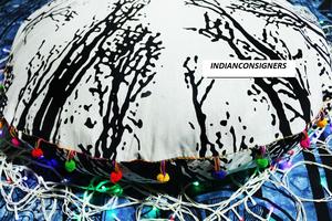 White Forest Tree Home Decor Bedding <b>Cover</b> Handmade Cotton Pouffe Beautiful <b>Floor</b> Cushion <b>Cover</b> By Indian Consigners - Product Image 3