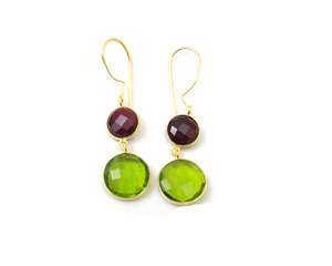 <b>Peridot</b> Garnet Handmade Double Stone Brass Hoop Party Wear 18K <b>Gold</b> Plated 12mm Trendy Boho <b>Earrings</b> - Product Image 3