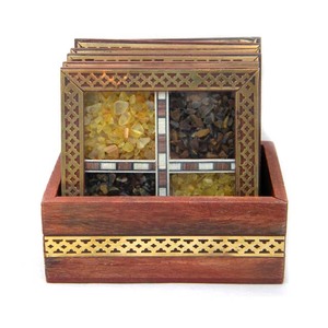 Wooden 4 pcs <b>Coaster</b> <b>Set</b> <b>with</b> <b>Holder</b> Acacia Mango Wood <b>with</b> Brass Stone Inlay Work - Product Image 1