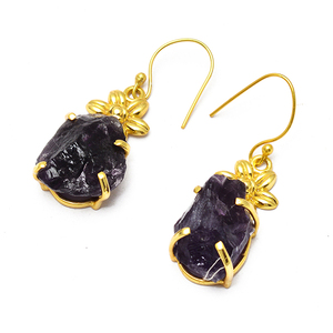 Solid925 argent Sterling brut améthyste pierre précieuse plaqué or mode crochet boucle d'oreille pour les femmes en gros fabrication Casa De Plata - Product Image 1