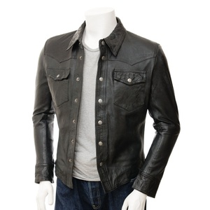 Camisa de cuero de vaca para hombre, camisa de manga larga negra, informal, colores personalizados/pantone, Color liso, teñido - Product Image 1