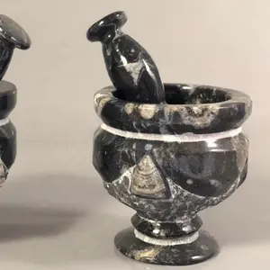 Mortero y Pilón de Fósiles Naturales Hechos a Mano de Alta Calidad, Grabado, Negro-Marrón, Resistente al Agua, Feng Shui - Product Image 1