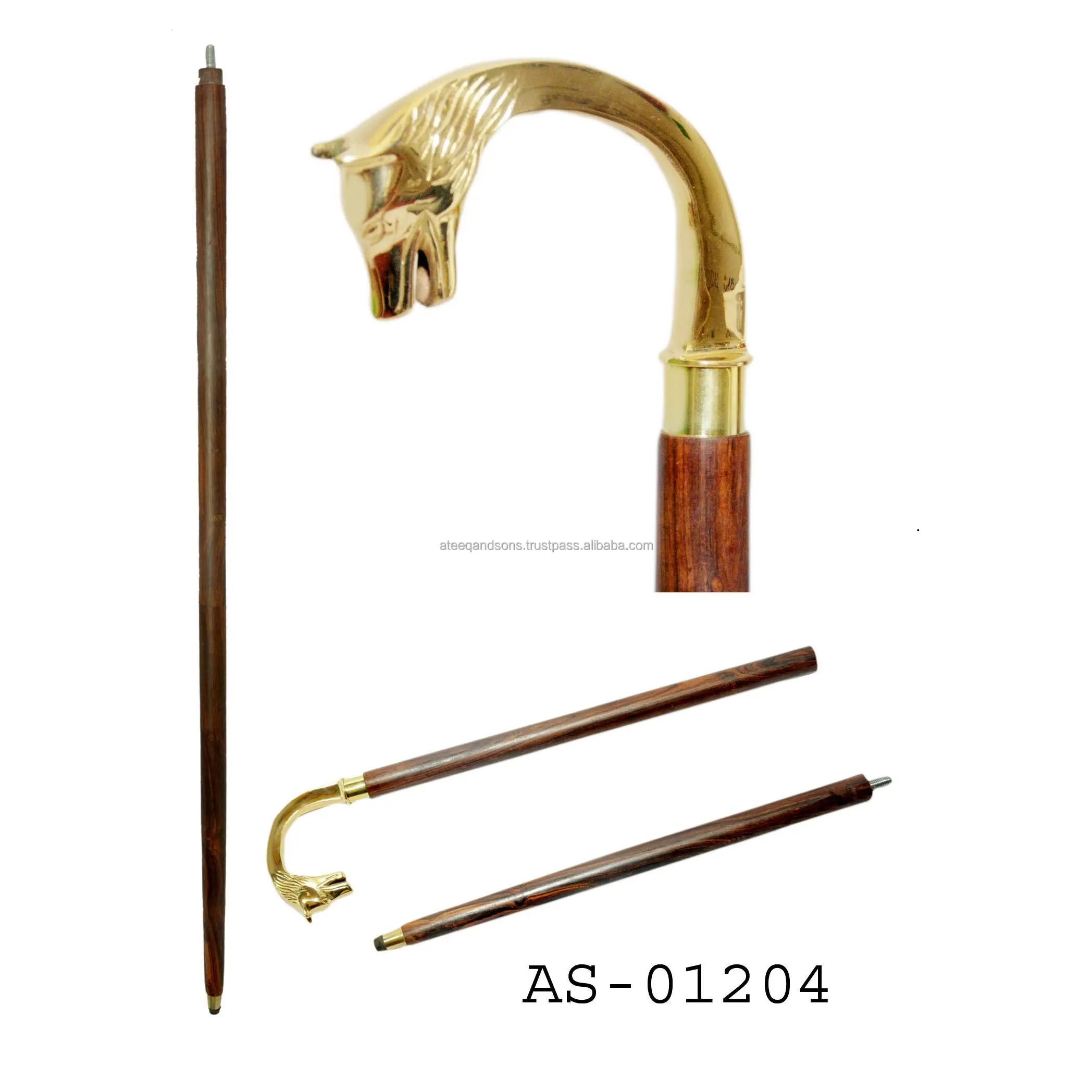 Animal Brass handle Walking Stick with wood cane