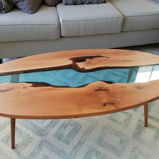 Oval Em Forma de Mesa De Jantar De Madeira Com Resina Epóxi Transparente