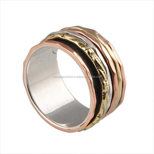 Wholesale Classic 925 Sterling Silver Amethyst <b>Spinner</b> <b>Ring</b> Handmade Tri-Tone Copper Brass Mixed Metal Meditation Worry <b>Ring</b> - Product Image 2