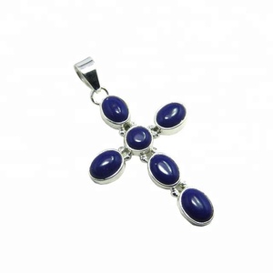 Pendentif croix en pierre précieuse lapis bleu véritable éminent pendentifs et breloques en argent sterling 925 - Product Image 1