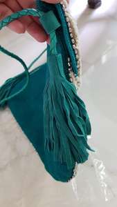 Vibrant <b>Blue</b> Silk Clutch <b>Purse</b> with Coin and Fringe Detail Elegant Leopard Pattern Beaded and Sparkling Detail PU Lining - Product Image 5