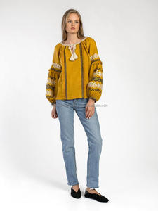 Ukrainian Style Bright Mustard Color Bold Embroidered Oval Neck Shirt Top Balloon Sleeve Emphasize Fringe Lace Boho Chic Blouse - Product Image 3