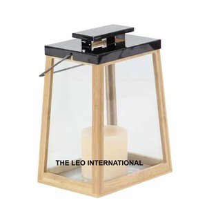 Natural Wood Frame clear Glass Steel Metal Top Black Matte Finish Rectangular <b>Candle</b> <b>Lantern</b> 5X4X8 Inch Lighting Decoration - Product Image 1