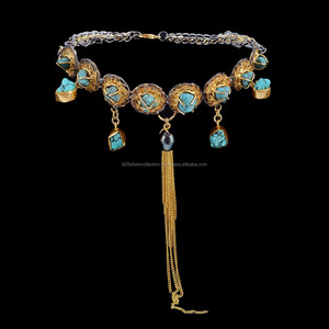 Collier bavoir en laiton et Turquoise brut, chaîne ras du cou de haute qualité en plaqué or, vente en gros - Product Image 2