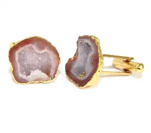 Natuurlijk Oranje Kristal Geode Druzy Handgemaakte Manchetknopen Messing 24K Vergulde Manchetknopen Herenkleding Sieraden