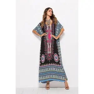 2019 wholesale plus size cotton digital print india half sleeves women long kaftan maxi