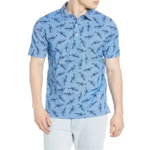 Shark printed men's polo shirt custom printed 100 cotton Honey comb stand collar polo tshirt