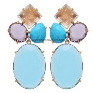 Handmade 925 Sterling Silver Drop <b>Earrings</b> Oval Cut <b>Blue</b> <b>Topaz</b> Gemstone High Quality Rhodium Gold Plated Fashion Jewelry Women's - Product Image 1