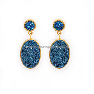 Blue Druzy Gemstone <b>Earrings</b> Vermeil Gold 925 Sterling <b>Silver</b> Handmade <b>Drop</b> Design for Weddings Parties or Gifts - Product Image 1