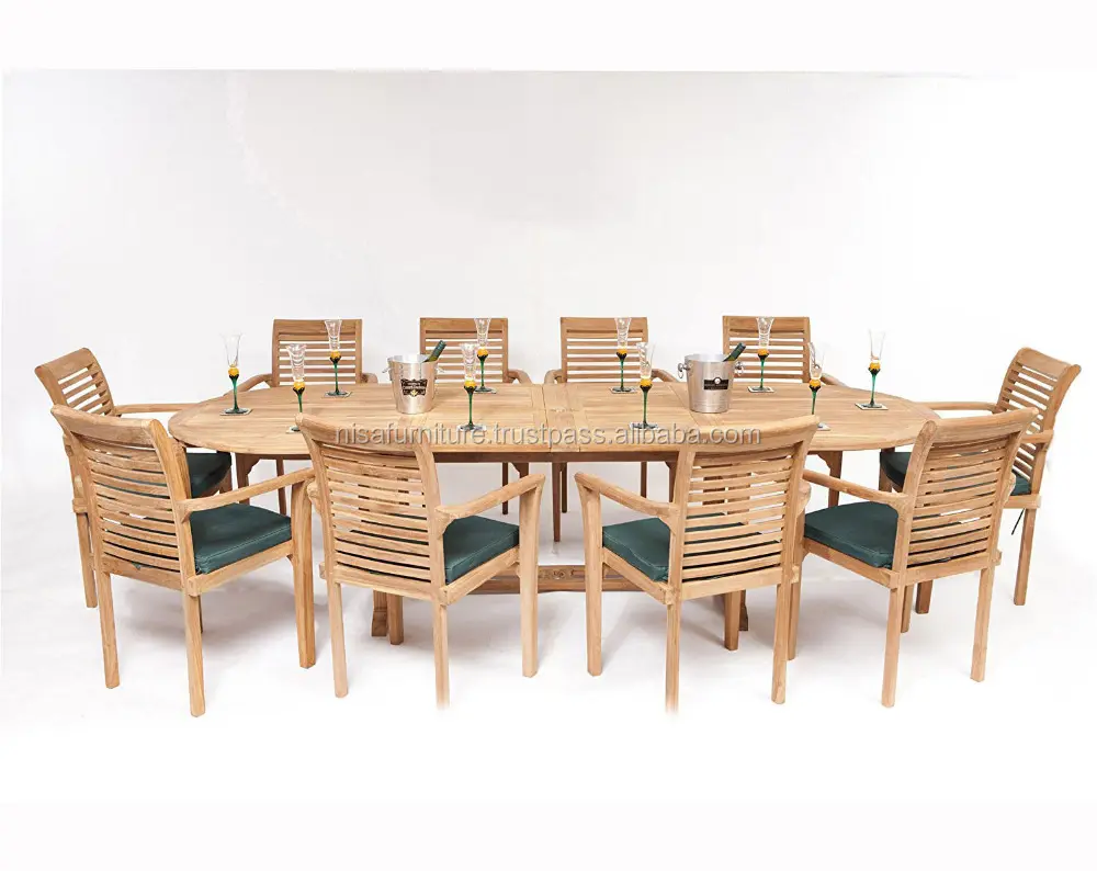 Dining Stackable Chairs and Extension Table Solid Teak Wood Garden Sets Outdoor Furniture