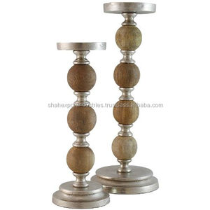 Bougeoir de pilier en bois et en métal couleur argent et naturelle pour les piliers de bougie de décoration d'éclairage de maison et d'hôtel - Product Image 1