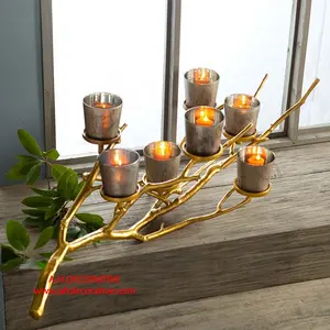 Candelabro de rama de Metal con vidrio votivo para decoración del hogar, soporte de vela con forma de rama en T para iluminación