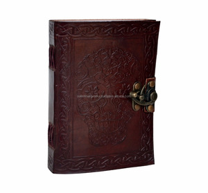 Day Of The Dead Skull Embossed Genuine Leather Journal With Metal C-Lock Hardcover Handmade Blank <b>White</b> Cotton Paper A5 Notebook - Product Image 2