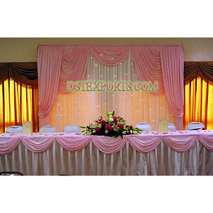 Wedding Lighted Head Table Backdrop Asian Wedding Reception Stage Backdrop White & Pink Wedding Backdrop Curtain With <b>Swags</b> - Product Image 1