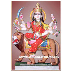 Durga Mata Ji Idol-mármol blanco brillante, colorido, hecho a mano, aspecto hermoso sentado en la adoración del león, artículos religiosos hindúes - Product Image 1