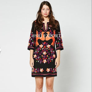 Klv — robe courte Banjara pour femme, broderie floral, style ancien, personnalisé, manches 3/4, col rond, tendance, oiseau mexicain, robe pour femme - Product Image 4