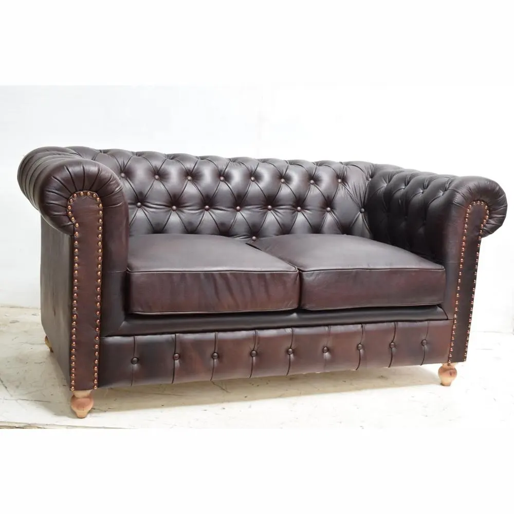 Sofá de lujo de diseño vintage, muebles de cuero auténtico, sofá cómodo de dos asientos con reposabrazos para decoración de hogar y hotel