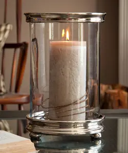 Fancy Looking r Industrial Silver Metal Stand Pillar Candle Holder with Removable Glass Cylinder Rustic Home Decor Accents