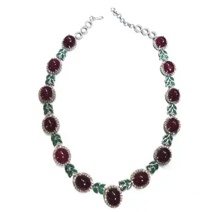 Einzigartiges Design Cabochon Ruby Emerald 14 Karat Gold Halskette Set Eine seiner Art Edelstein Gold Halskette