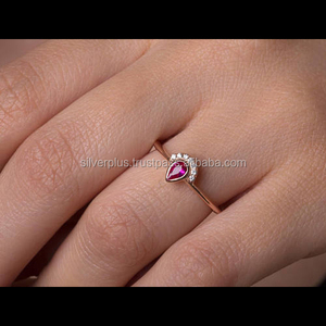 แข็ง 14K สีเหลืองทองรูปลูกแพร์ทับทิมพลอยกลมเพชรชั้นวางซ้อนกันได้แหวนผู้ค้าส่งเครื่องประดับทอง - Product Image 5