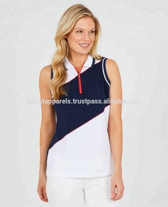 Polo de algodón a granel con logotipo bordado, Polo liso personalizado para mujer, Polo de manga a rayas con media cremallera - Product Image 3