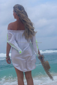 Robe de plage courte style Boho, tenue élégante et Sexy, tunique avec glands, épaules dénudées, couleur néon, style Boho, nouvelle collection Offre Spéciale - Product Image 4
