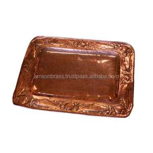 Bandeja de metal antiguo martillado de forma ovalada con mango lateral Bandeja de servicio de cobre martillado hecha a mano para utensilios de cocina - Product Image 2