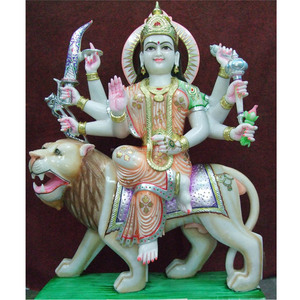Estatua de la Diosa India Maa Durga, Diseño Artístico en Mármol Pulido, Hecha a Mano, Maravilloso Trabajo Dorado, Artículo de Culto Religioso Hindú - Product Image 1