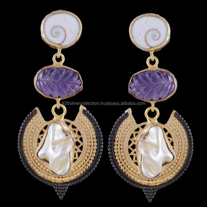 Pendientes tallados de amatista y ojo de Shiva, nuevos y elegantes pendientes de latón chapados en oro directo de fábrica - Product Image 2